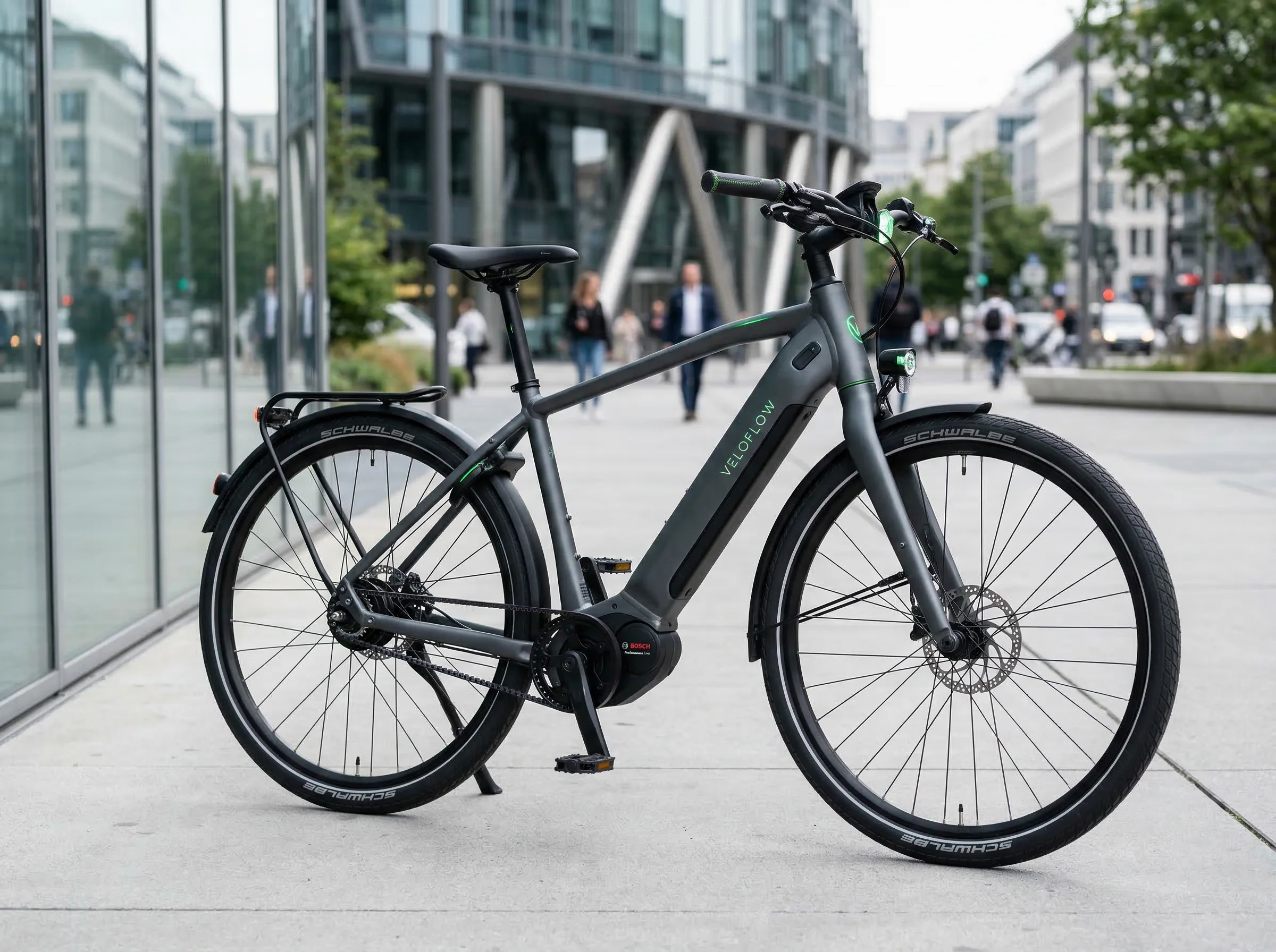 Modern dark gray electric bicycle with integrated battery in urban setting