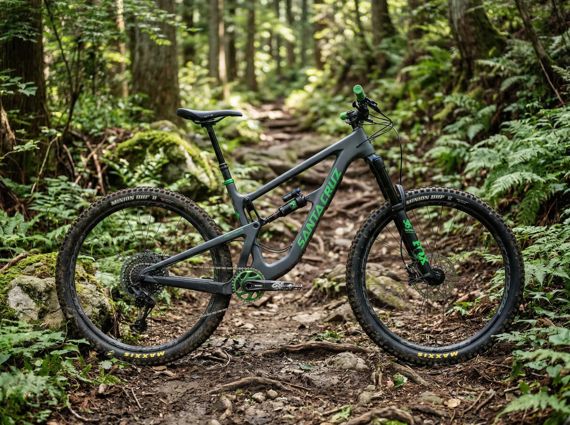 Charcoal gray full suspension mountain bike on a forest trail