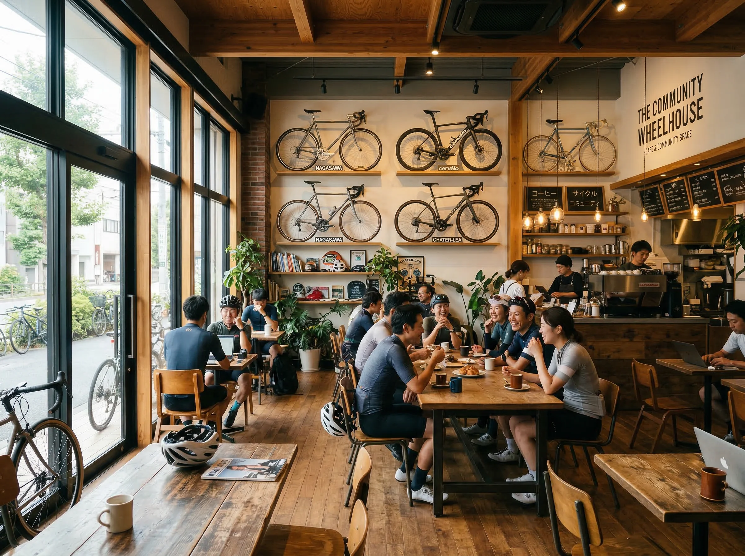 Cyclists gathering at the novacrysentia.com community cafe space in Kamakura