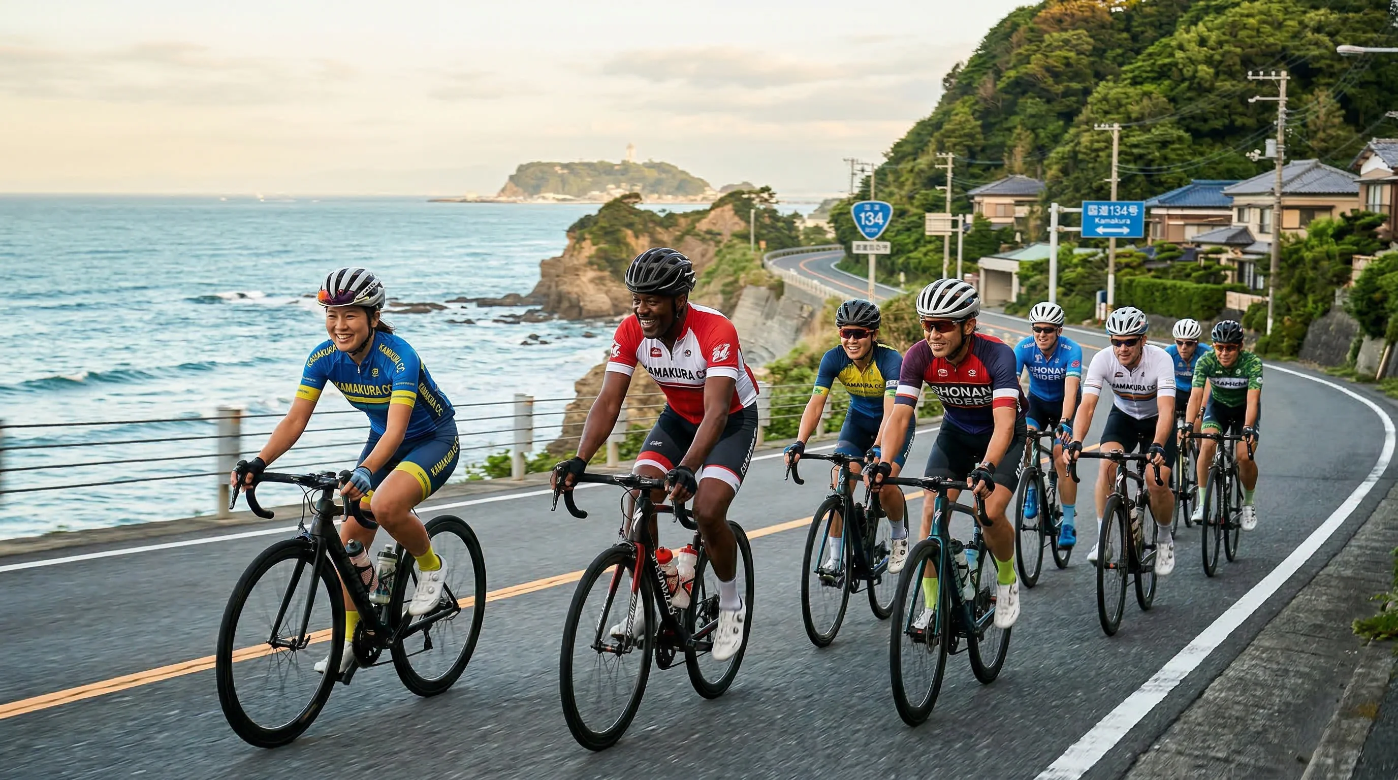 Group of cyclists riding together on the scenic Kamakura coastal road