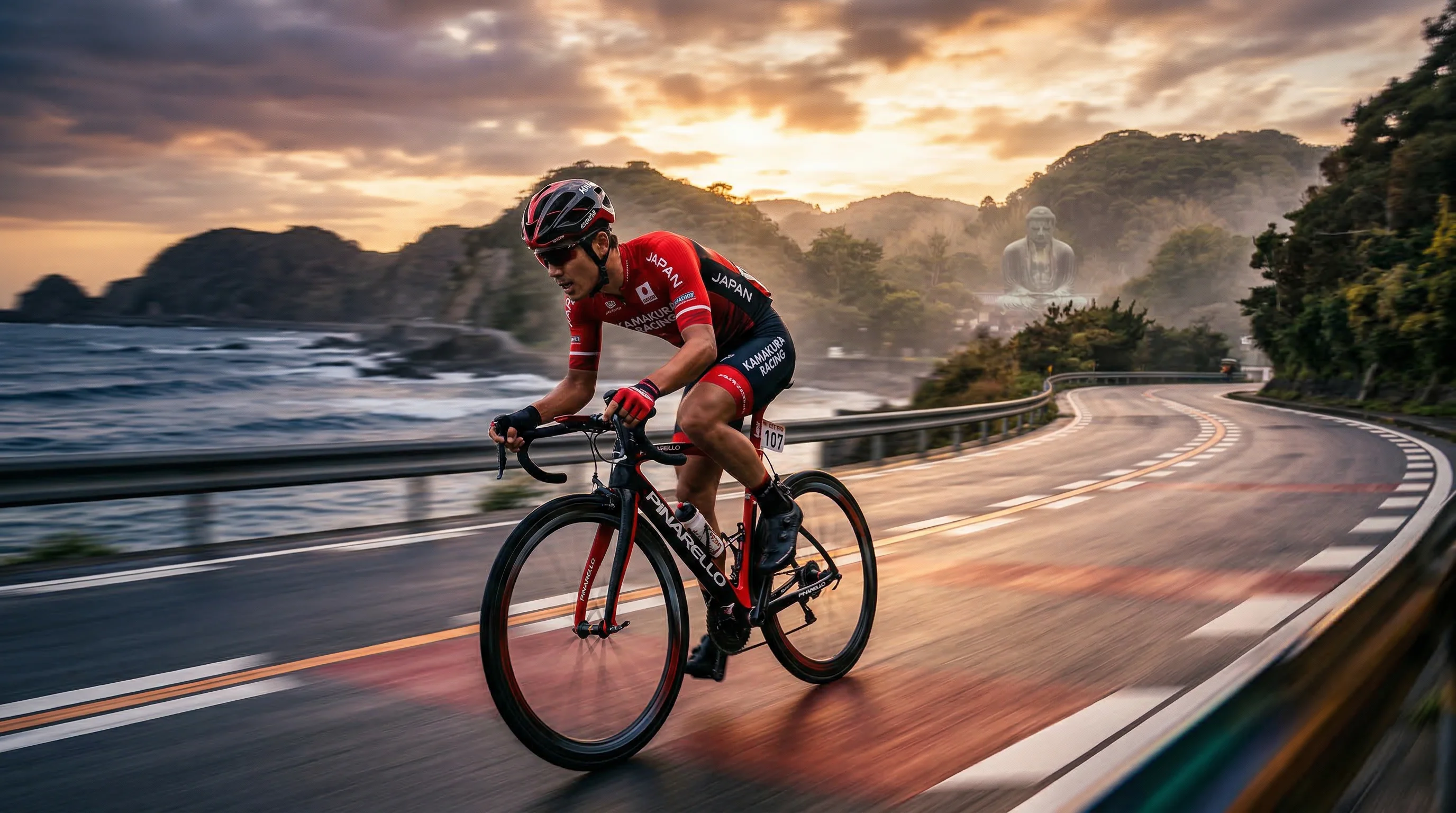 Professional cyclist racing along the scenic Kamakura coastline at golden hour