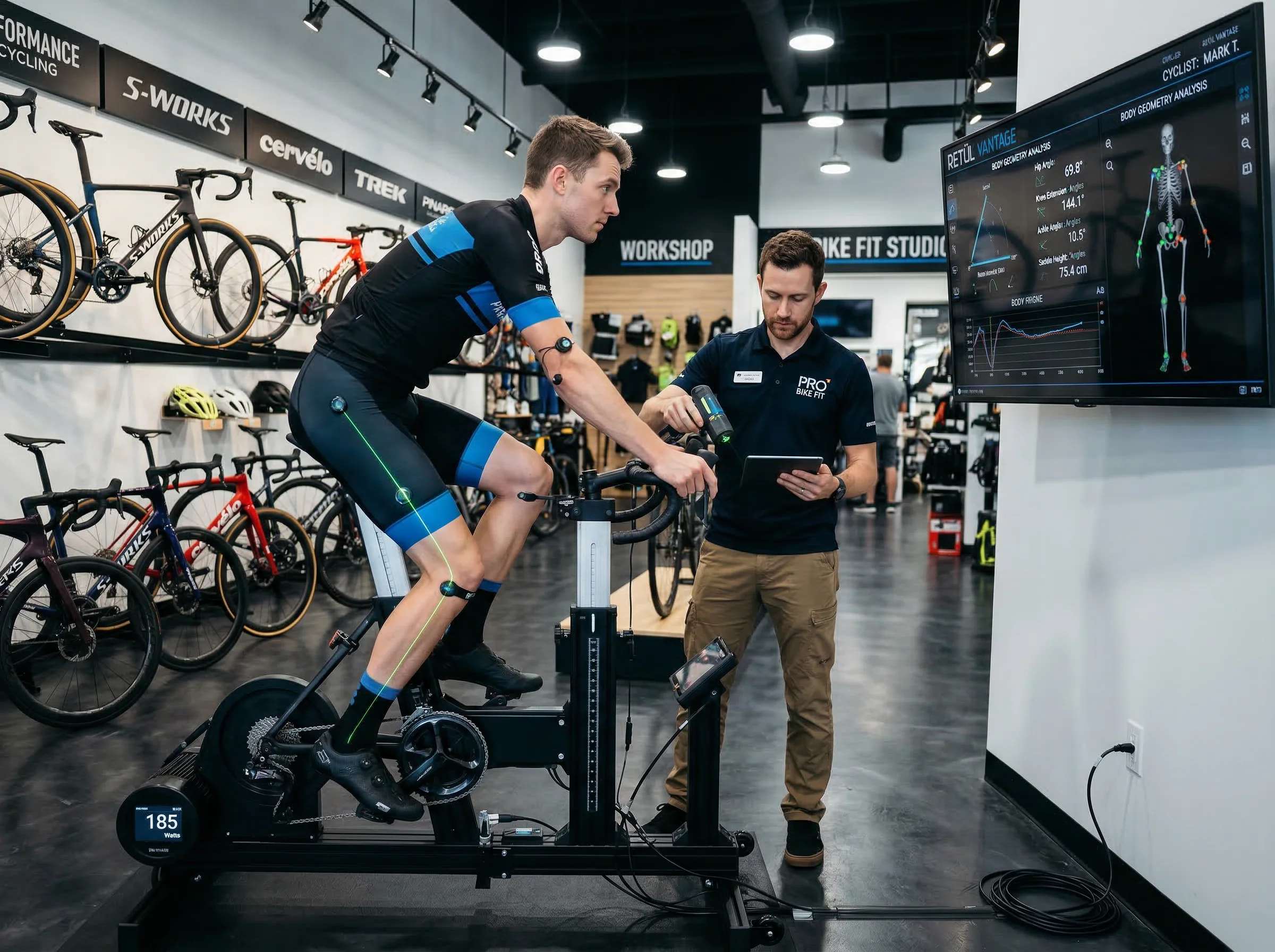 Professional bike fitting session with body geometry analysis on screen